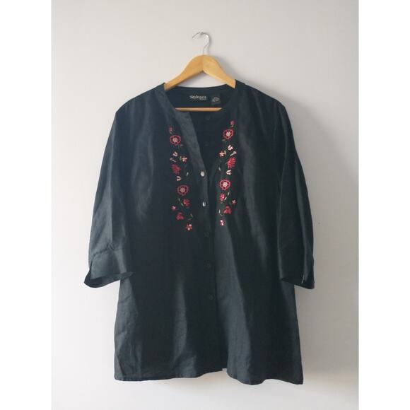 Style & Co Woman's Linen Tunic Top 16W Black Embroidery Dark Cottage Lagenlook - Picture 1 of 12